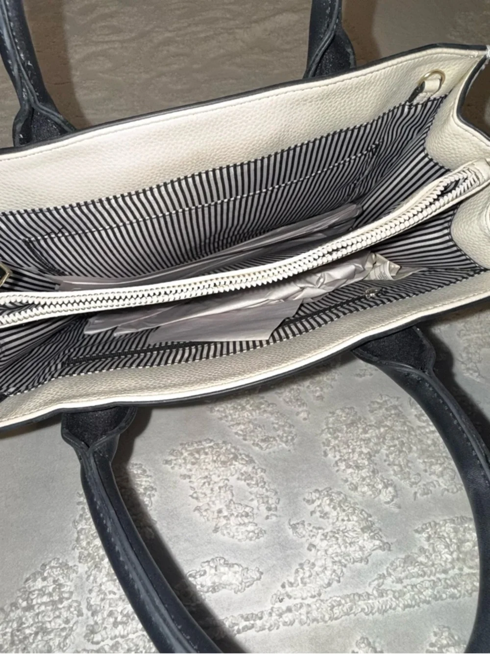 Cream and Black Leather Tote Bag